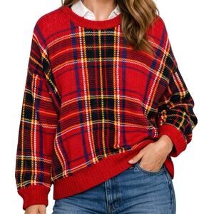 Vintage GAP Red Plaid Knit Sweater Large Tartan Oversized Cozy 90s Grunge